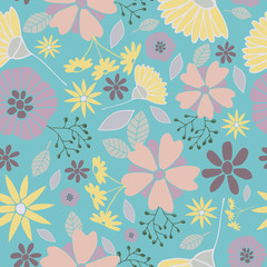 Vector Turquoise Happy Flowers Background Pattern Design. Perfect for fabric, wallpaper, stationery and scrapbooking projects