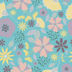 Fototapeta premium Vector Turquoise Happy Flowers Background Pattern Design. Perfect for fabric, wallpaper, stationery and scrapbooking projects