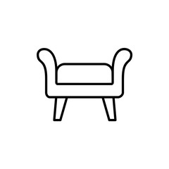 Black & white vector illustration of fabric ottoman, pouf. Line icon of accent stool or chair. Living room, bedroom & patio furniture. Isolated on white background.