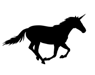 on white background, black silhouette of running unicorn