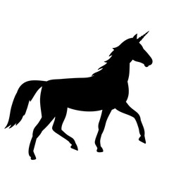 vector, on white background, black silhouette of a standing unicorn