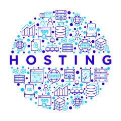 Hosting concept in circle with thin line icons: VPS, customer support, domain name, automated backup, SSD, control panel, secure server, local network, SSL. Vector illustration for banner, print media
