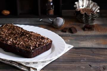 Chocolate pound cake with chocolate icing and chocolate chips