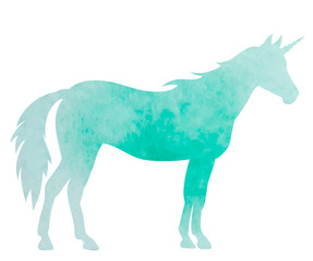 watercolor green silhouette of a standing unicorn