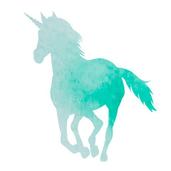 watercolor green silhouette of a standing unicorn