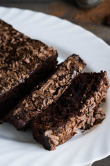 Chocolate pound cake with chocolate icing and chocolate chips