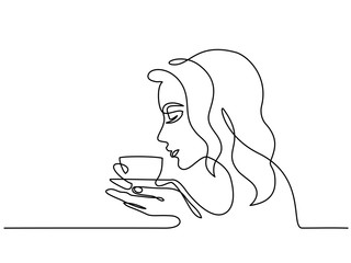 Continuous one line drawing. Abstract portrait closeup of pretty young woman smelling tea coffee. Vector illustration
