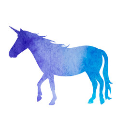 white background, blue watercolor silhouette unicorn