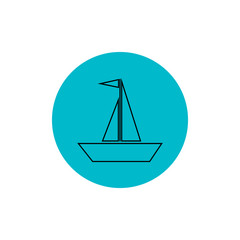 Vector illustration. Sailing ship line icon. Simple ship logo on round blue background.