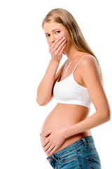 pregnant woman in white underwear with nausea isolated on white