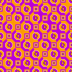 Yellow and purple background with octagons and squares. Optical illusion of movement. Seamless pattern.