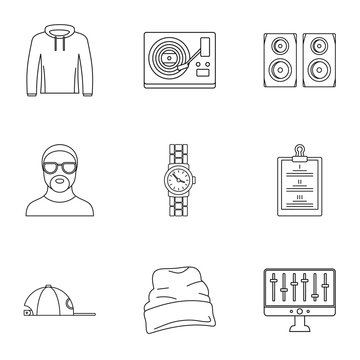 Urban rap icon set. Outline set of 9 urban rap vector icons for web design isolated on white background