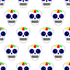 Vector illustration. Seamless pattern. Day of the dead. Dia de los muertos icons on white background. Set of colourful sculls. Halloween texture, background.