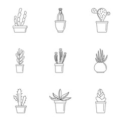 Home cactus plant icon set. Outline set of 9 home cactus plant vector icons for web design isolated on white background