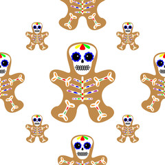 Vector illustration. Seamless pattern. Gingerbread man decorated colored icing. Holiday cookie in shape of man. Day of the dead cookie. halloween pattern on white background.