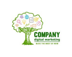 Vector Oak Tree with Sign Symbol Icon Digital Marketing Company Logo Design Inspiration