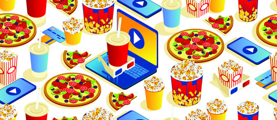 seamless pattern on white background. Popcorn, cola, 3d movie eyeglasses and pizza. Bright interesting texture. Isometric 3d