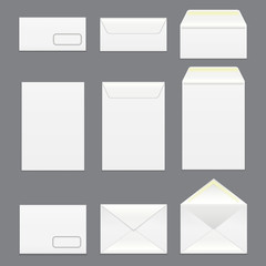 Realistic Detailed 3d White Blank Envelopes Template Mockup Set. Vector