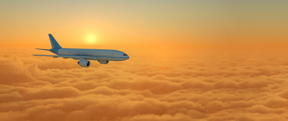 Naklejka na ściany i meble Airplane flying above clouds during sunset - 3d Rendering