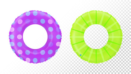 Swim rings set. Inflatable rubber toy. Lifebyou colorful vector collection. Realistic summertime illustration. Summer vacation or trip safety item. Top view swiming circle for ocean, sea, pool.