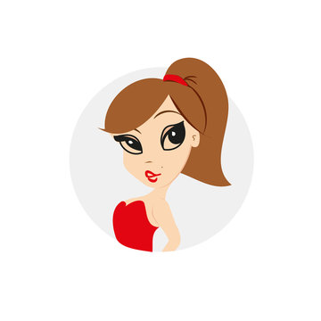 cartoon illustration of a woman with a birthmark in a red evening dress. Vector logo for beauty salons, beauticians, makeup artists. Isolated emblem on white background