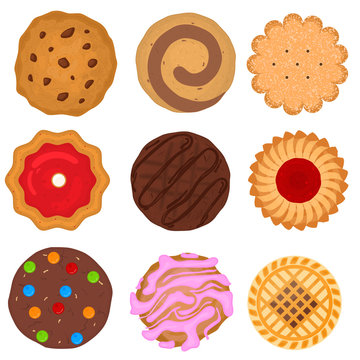 Cartoon Color Round Cookies Icons Set. Vector
