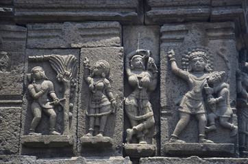 Carved figures, outer wall of temple, Near Palasdeo Temple, Ujani Dam, Maharashtra
