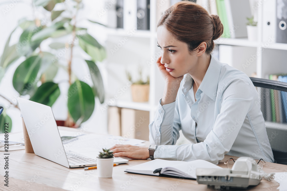 Wall mural focused confident businesswoman working with laptop at modern office