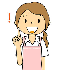 エプロンの女性　人差し指をさす　保母さん　主婦　料理　カフェ店員　お花屋さん