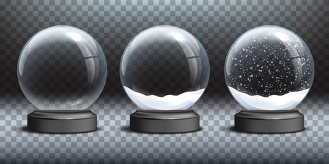 Snow globe templates. Empty glass snow globe and snow globes with snow on transparent background. Vector Christmas and New Year design elements.