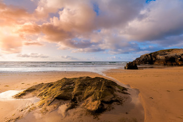 Beauty Atlantic coast with cliff,beach,ocean and sky with clouds. Galicia, Spain.