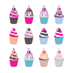 Set of 12 cute cupcakes isolated on white background