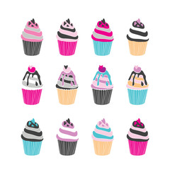 Set of 12 cute cupcakes isolated on white background