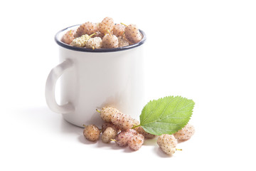 White cup with white mulberry fruit and leaf isolated on white.