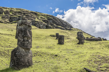 Primo piano di un moai interrato sulla collina del Rano Raraku