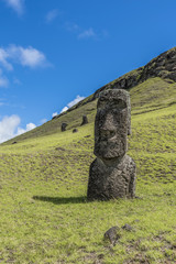 Primo piano di un moai in piedi sulla collina del Rano Raraku