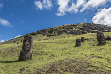 Moai interrati sulla collina del vulcano Rano Raraku