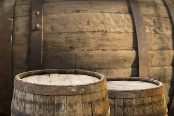 background of barrel and worn old table of wood