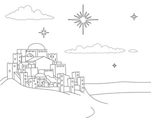 A Christmas nativity coloring scene cartoon, with the City of Bethlehem and the star above. Christian religious illustration.