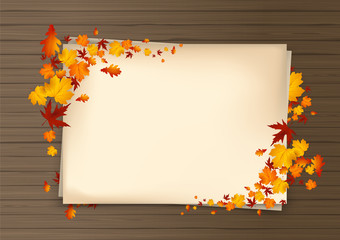 Vector autumn paper background with colorful tree leaves on wooden backdrop, design for fall season banner, poster, thanksgiving greeting card. Space for text,