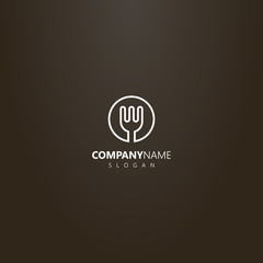 white logo on a black background. simple vector isolated logo of line art kitchen fork in a round frame
