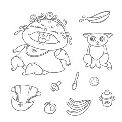 Vector set crying child and scared kitten. Chubby curly kid and cat. Baby bottle with water or milk, other food. Flat black color sketch contour illustration