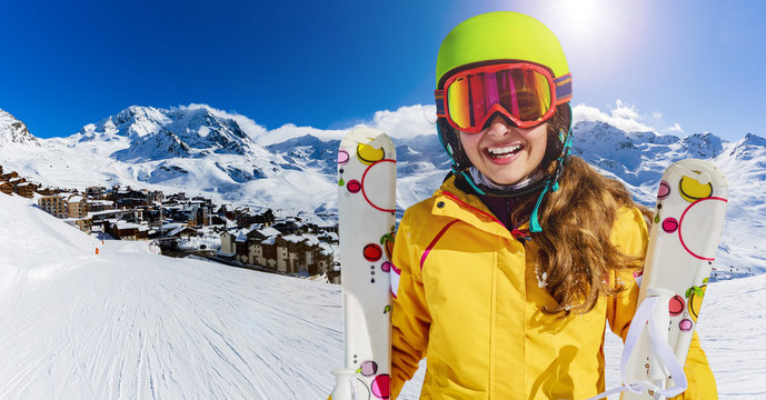 Ski teenager sport having fun on winter vacation on the slope, Val Thorens, 3 Valleys, France.