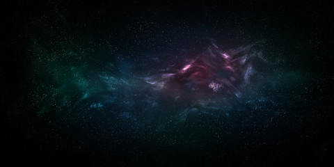 Eine Galaxie mit Sternen und rot, grün und blauem Nebel © niclasnomis media