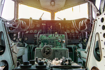 old Control panel in a cockpit with instruments equipment