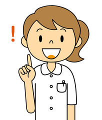 人差し指をさす白衣の女性　看護婦　看護師　ひらめく　二頭身　