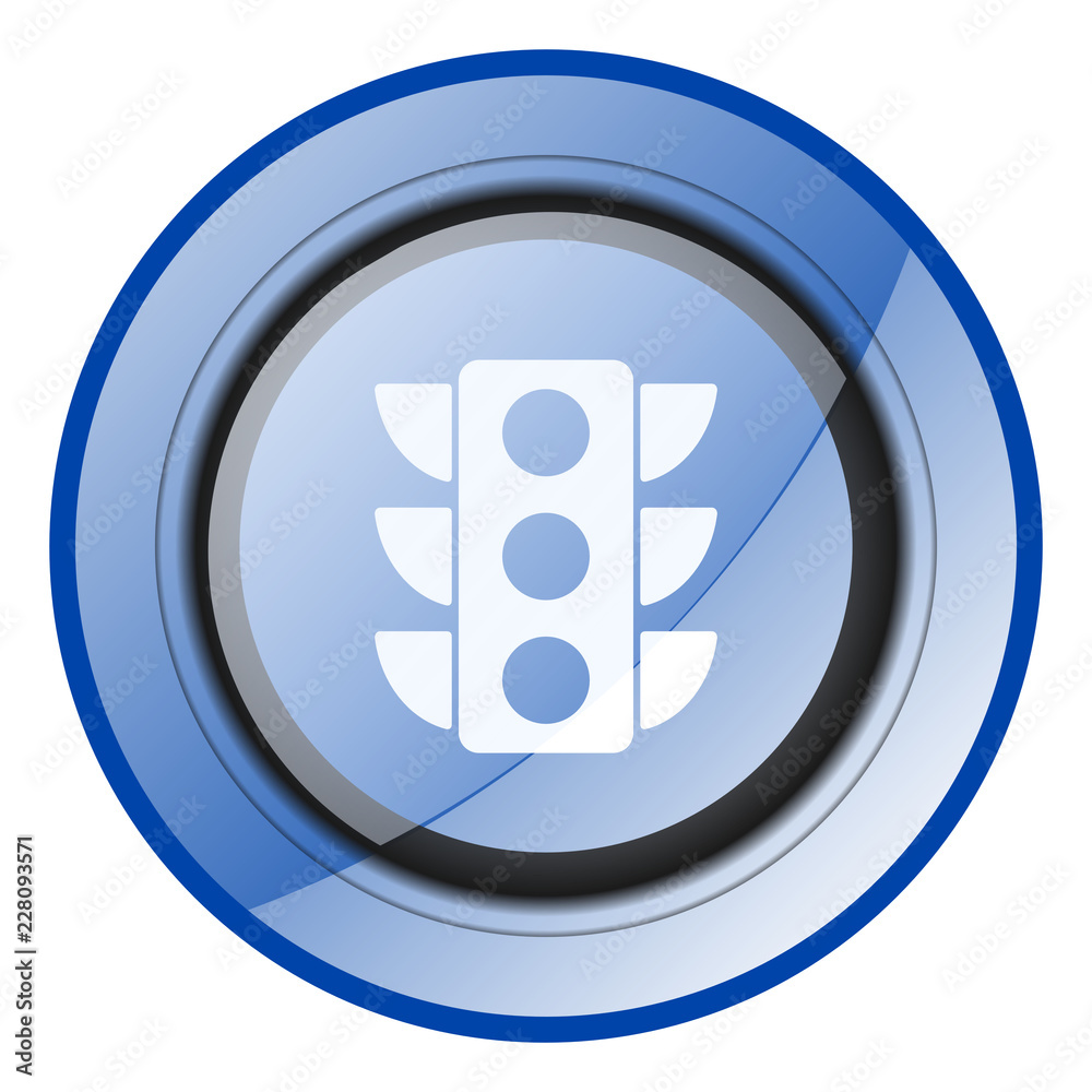 Poster traffic lights vector icon. blue glossy round stoplight web button isolated on white background. mod