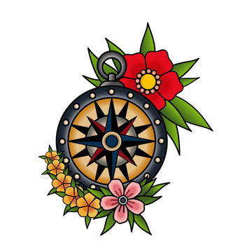 Naklejki Compass and flowers, old school tattoo style. Red pink and yellow flowers. Isolated on white background. Vector illustration.