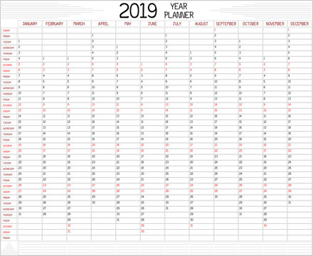 Year 2019 Planner - An annual planner calendar for the year 2019 on white. A custom handwritten style is used.