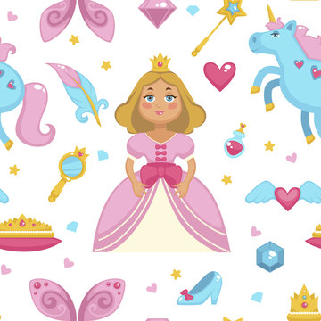 Princess with fairy elements, unicorn and magic wand seamless pattern